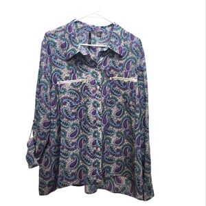 Skye's the Limit Purple Blue Paisley Boho Blouse Size XL Lightweight
